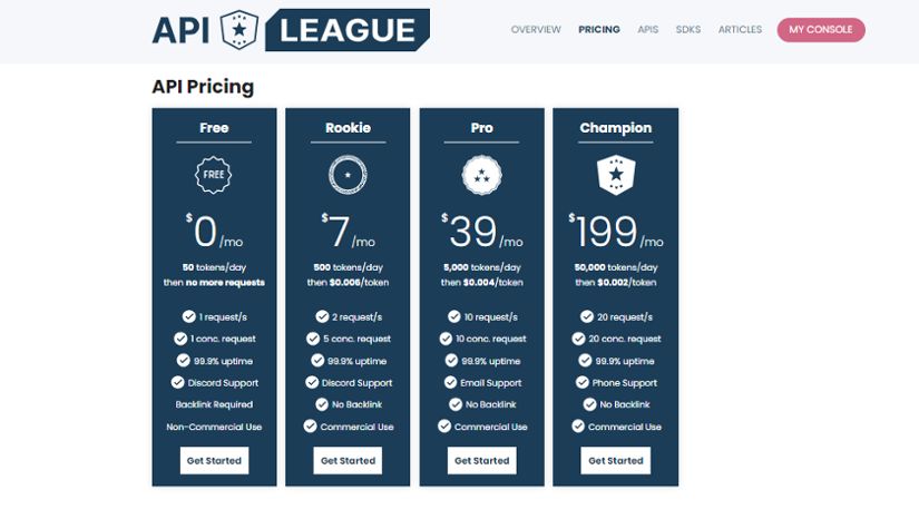 API League Pricing Page