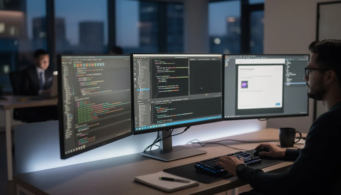 A developer is seated at a desk, focused on multiple monitors displaying lines of code related to a food API, showcasing nutrition data and recipe information. The workspace is organized with coding books and notes, emphasizing the importance of accurate data for meal planning and recipe searches.