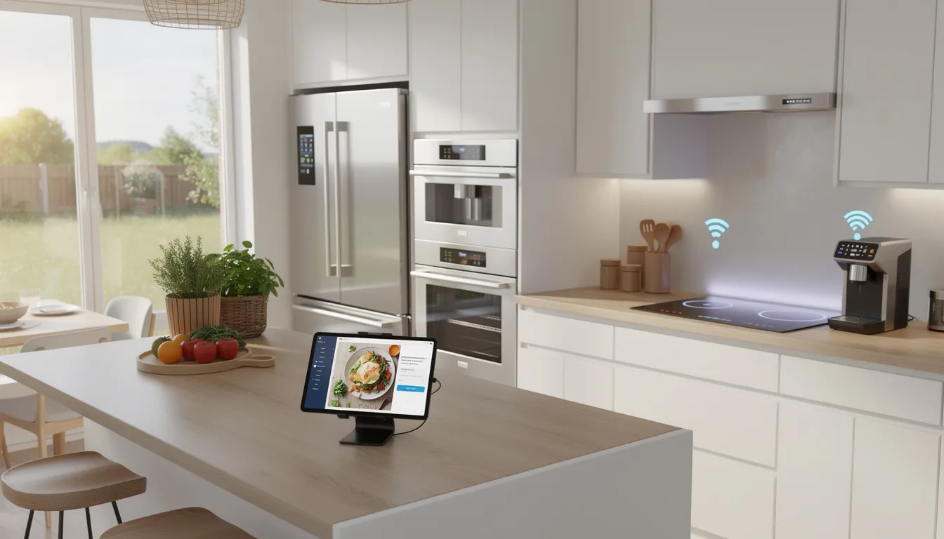 The image depicts a modern smart kitchen featuring connected appliances and a tablet on the countertop that displays various recipes. The tablet provides access to nutrition data and meal planning tools, allowing users to find recipes and track ingredients efficiently.