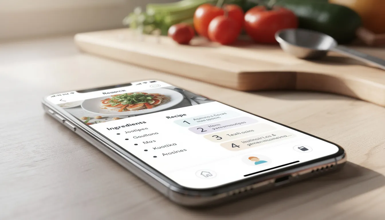 A mobile phone screen displays a recipe app featuring a list of ingredients and detailed cooking steps, allowing users to easily access nutritional information and meal planning options. The app provides a user-friendly interface for finding recipes and tracking food items, catering to both vegetarian and vegan diets.