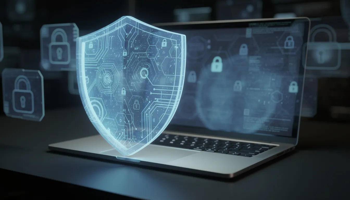 The image depicts a digital security shield prominently displayed in front of a laptop computer, symbolizing protection and cybersecurity. The shield's design suggests a strong defense against online threats, emphasizing the importance of safeguarding digital devices and information.