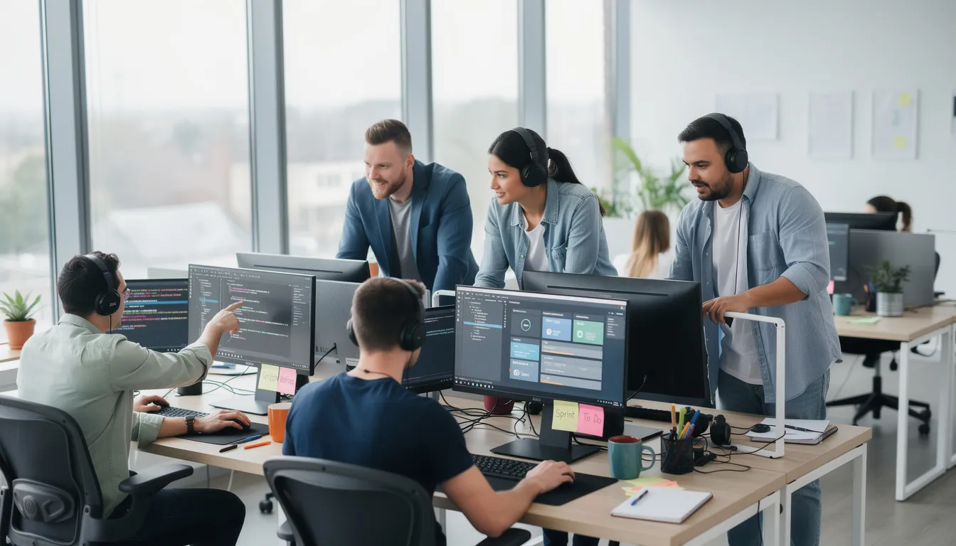 The image shows a group of developers collaborating at computer workstations in a bright office environment, surrounded by modern decor and large monitors displaying code and web pages. They are engaged in discussion, sharing ideas, and working together on a project, highlighting teamwork in a tech-focused setting.