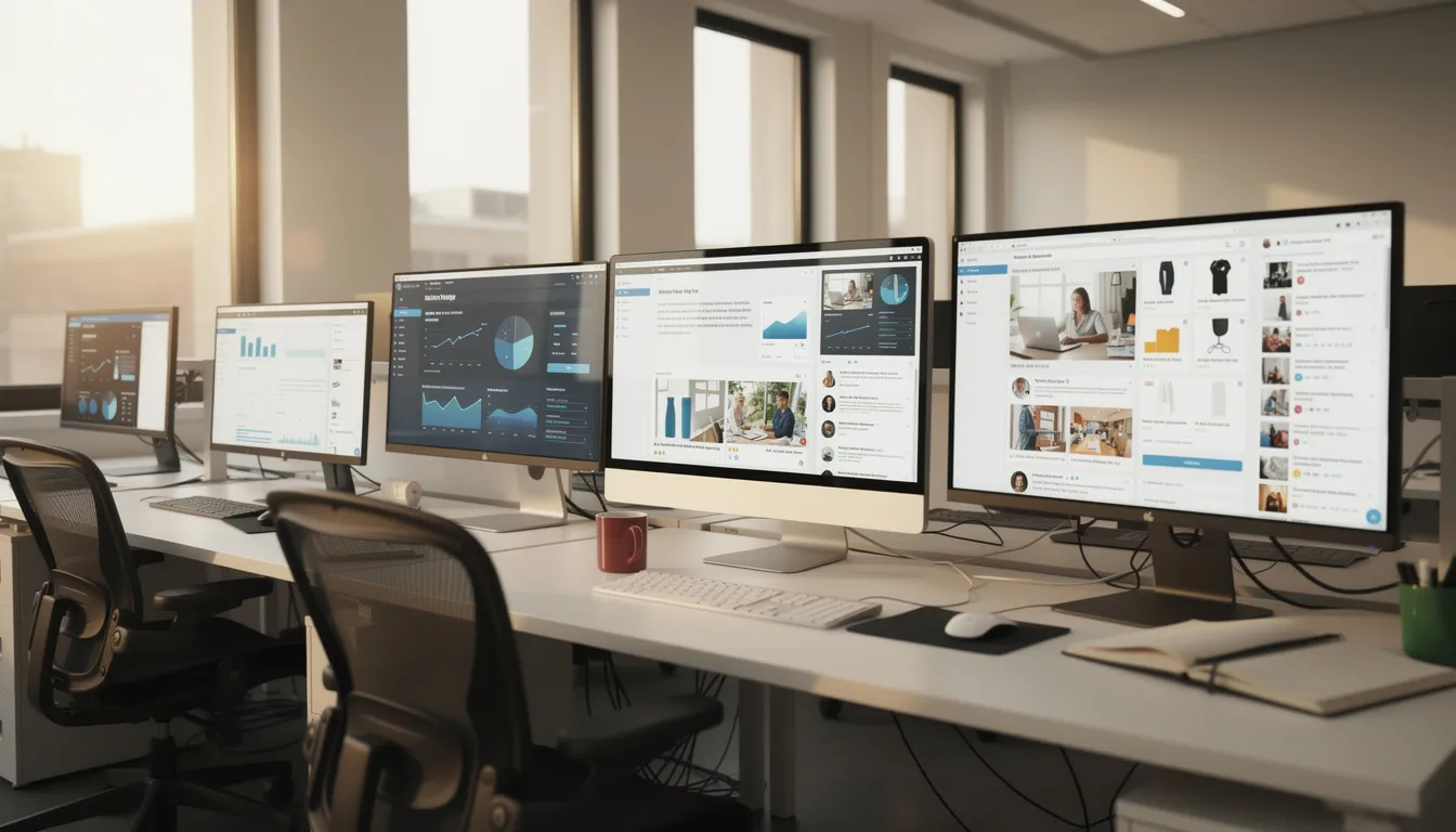 The image shows multiple computer monitors arranged in a modern office, each displaying various websites, including full page screenshots and web pages. The setup highlights the use of a screen capture API, showcasing the ability to capture clean screenshots of different target websites.