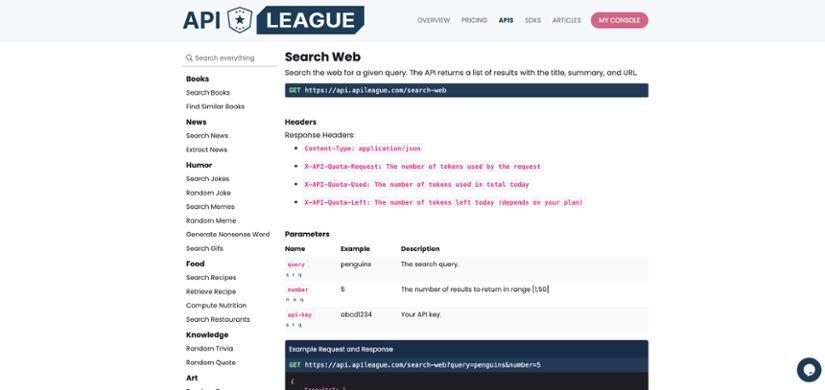 API League's Web Search API 