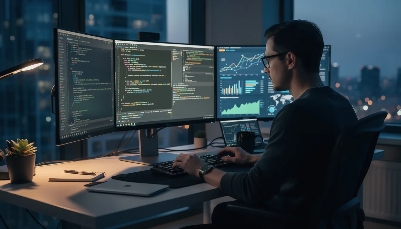 The image shows a developer seated at a desk surrounded by multiple monitors, each displaying lines of code and various data visualizations. The workspace is organized, with a coffee cup nearby, reflecting a focused environment for web development and data analysis.