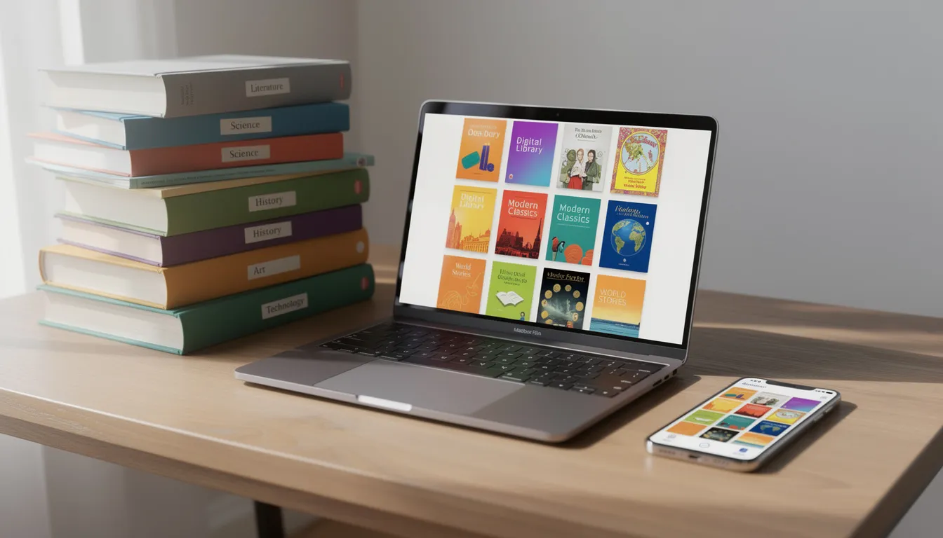 The image features a stack of books positioned next to a laptop and a smartphone, both displaying book covers on their screens. This setup highlights the integration of traditional reading materials with modern technology, showcasing how users can access detailed information about books through platforms like Google Books and Open Library.
