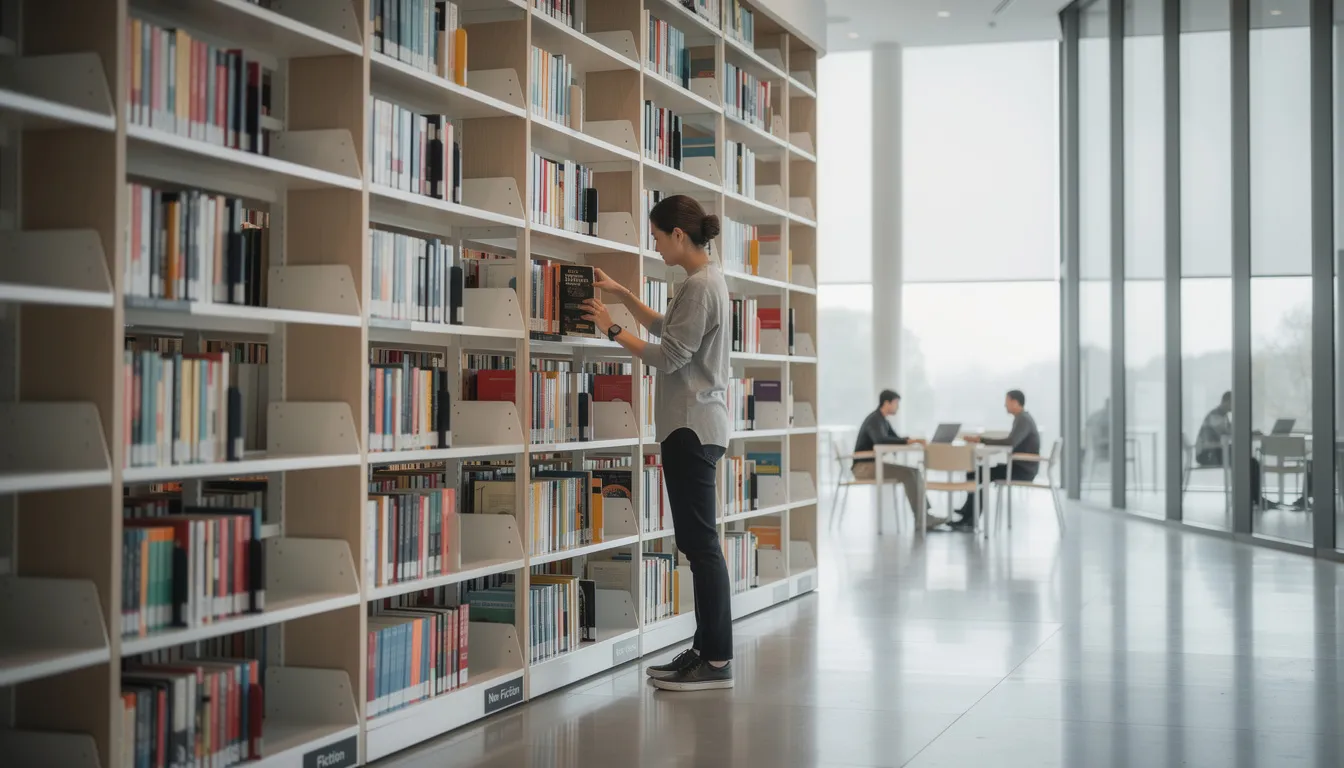 A person is seen browsing through the tall bookshelves in a modern library, surrounded by a vast collection of books, which may include popular titles available through platforms like Google Books and Open Library. The library's sleek design and organized layout create an inviting atmosphere for readers and users to explore detailed information and access various resources.