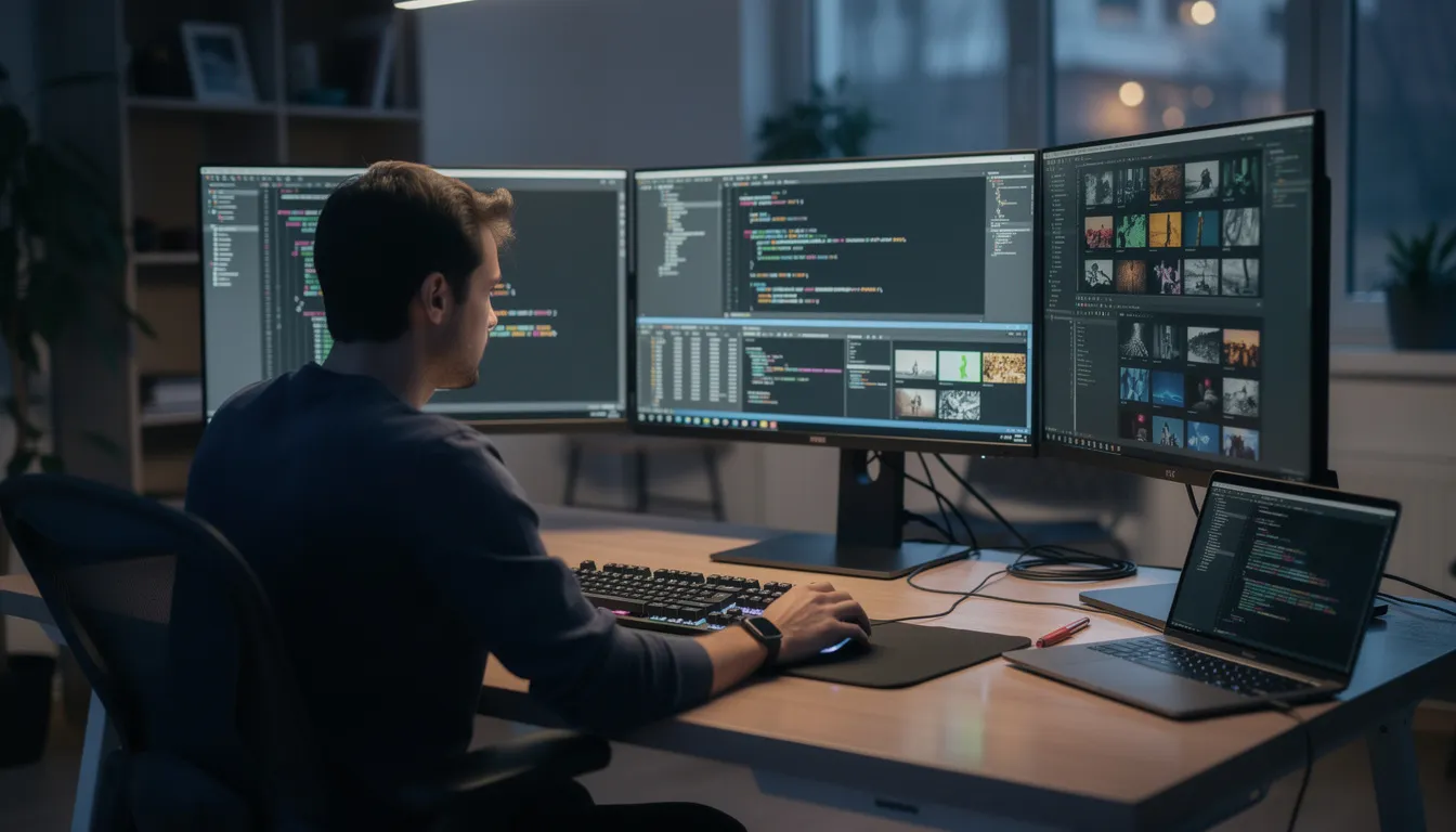 A developer sits at a desk surrounded by multiple monitors displaying lines of code and grids of images, creating a dynamic workspace filled with technology and programming tools. The setup reflects a focus on coding and image search functionalities, indicative of a modern development environment.