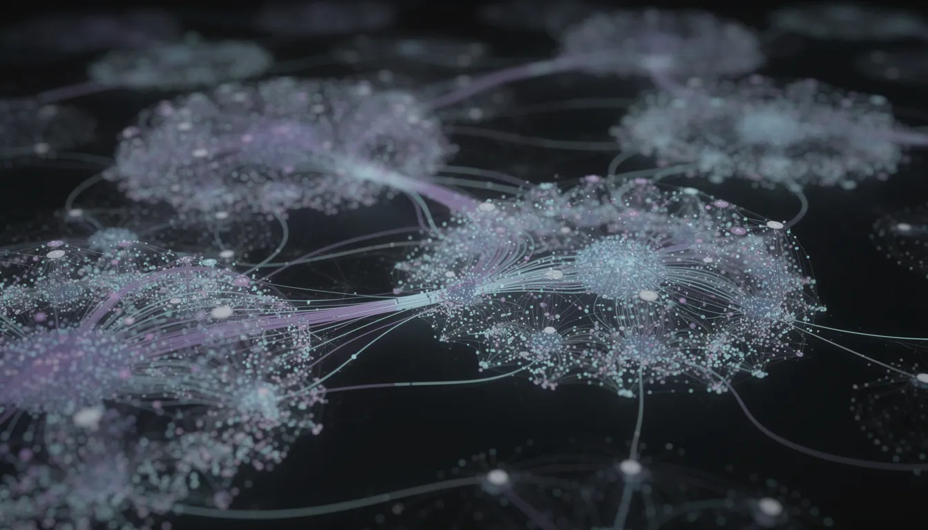 The image features an abstract visualization of interconnected nodes, illustrating complex semantic relationships through various geometric shapes and lines. This representation highlights the intricate web of connections, akin to those found in image search functionalities and data retrieval processes.