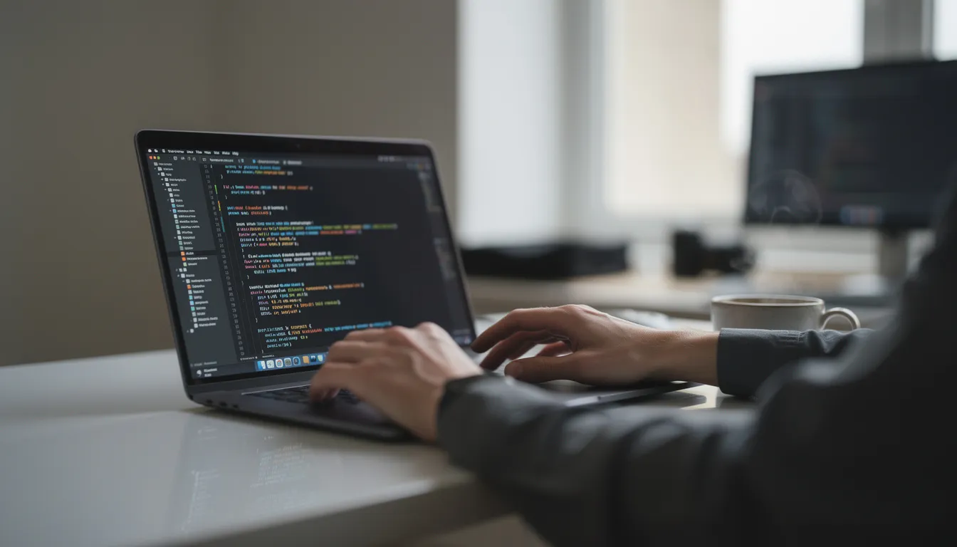 A developer sits at a laptop with a code editor open, focusing on writing code while a coffee cup rests nearby, symbolizing a typical work environment for those engaged in natural language processing and machine learning tasks. The scene captures the essence of technology and creativity as the developer works on text analysis and entity recognition projects.