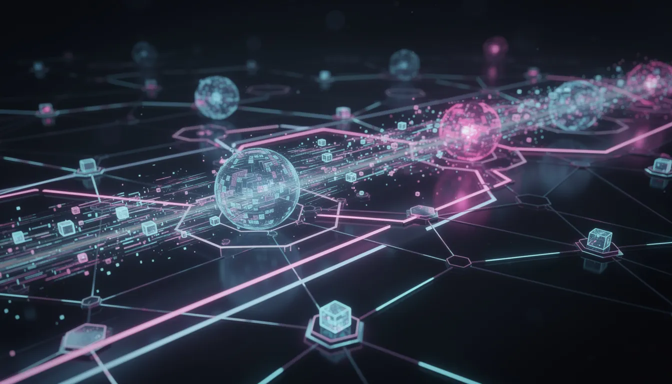 The image depicts an abstract visualization of data packets flowing through interconnected nodes, symbolizing the dynamic nature of natural language processing and machine learning tasks. It illustrates the complexity of text analysis and entity recognition, emphasizing the seamless integration of various AI APIs and technologies in processing unstructured text across multiple languages.