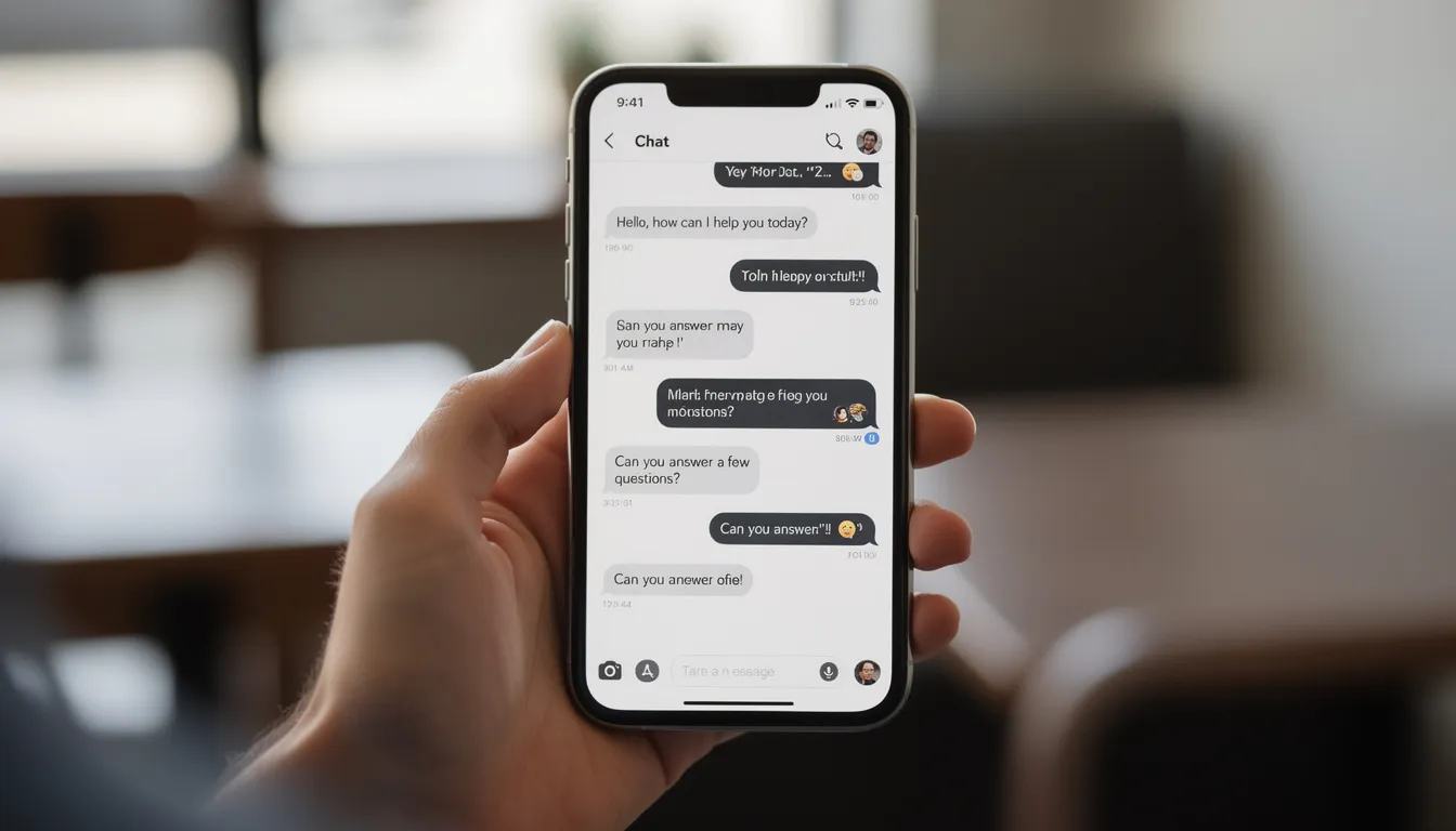 A person is holding a smartphone that displays a chat interface filled with message bubbles, showcasing a conversation that may involve natural language processing tasks such as sentiment analysis and entity recognition. The interface highlights how conversational AI can facilitate communication in multiple languages.