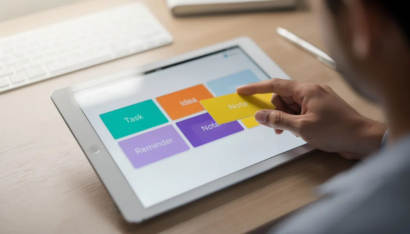 A person is seen organizing a variety of colorful digital cards displayed on a tablet screen, showcasing their ability to manage and analyze information efficiently. This task reflects the use of natural language processing tools to enhance text organization and data understanding.